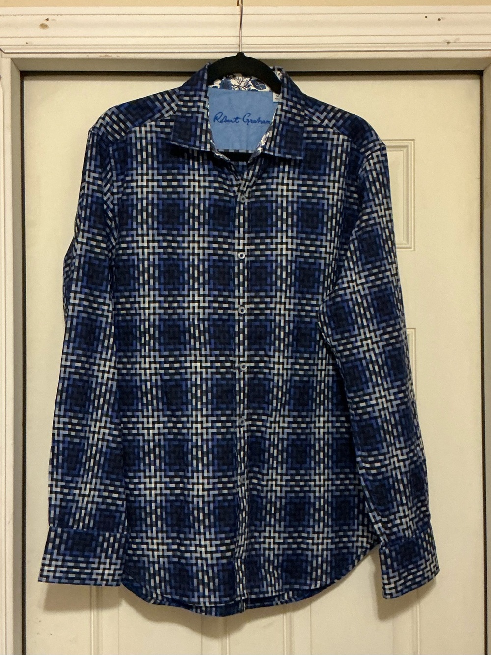 Robert Graham Classic Fit Blue Geometric Plaid Shirt Medium